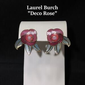 Laurel Burch "Deco Rose" Clip On Earrings, Pink Red Green Enamel, Gold Plated